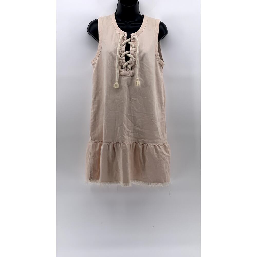 AERIE Women's Light Pink Lace-Up Neck Ruffle-Hem Sleeveless A-Line Dress SZ S